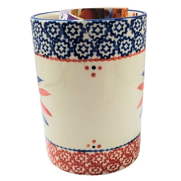 NEW Temptations Utensil Holder Crock Old World Blue Hand Painted Brochure - Picture 2 of 9